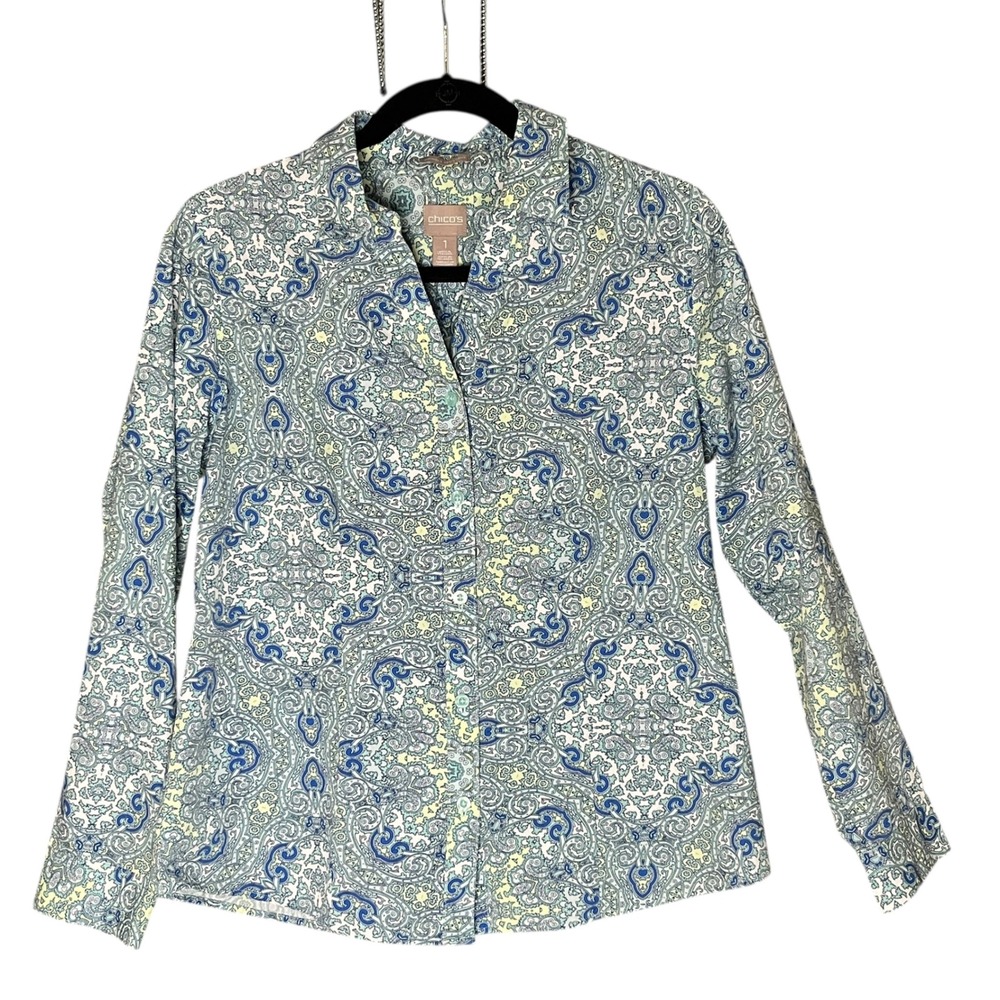 Chicos 1 Wrinkle Resistant Button Down Shirt Womens Size 8 Paisley‎ Print Office